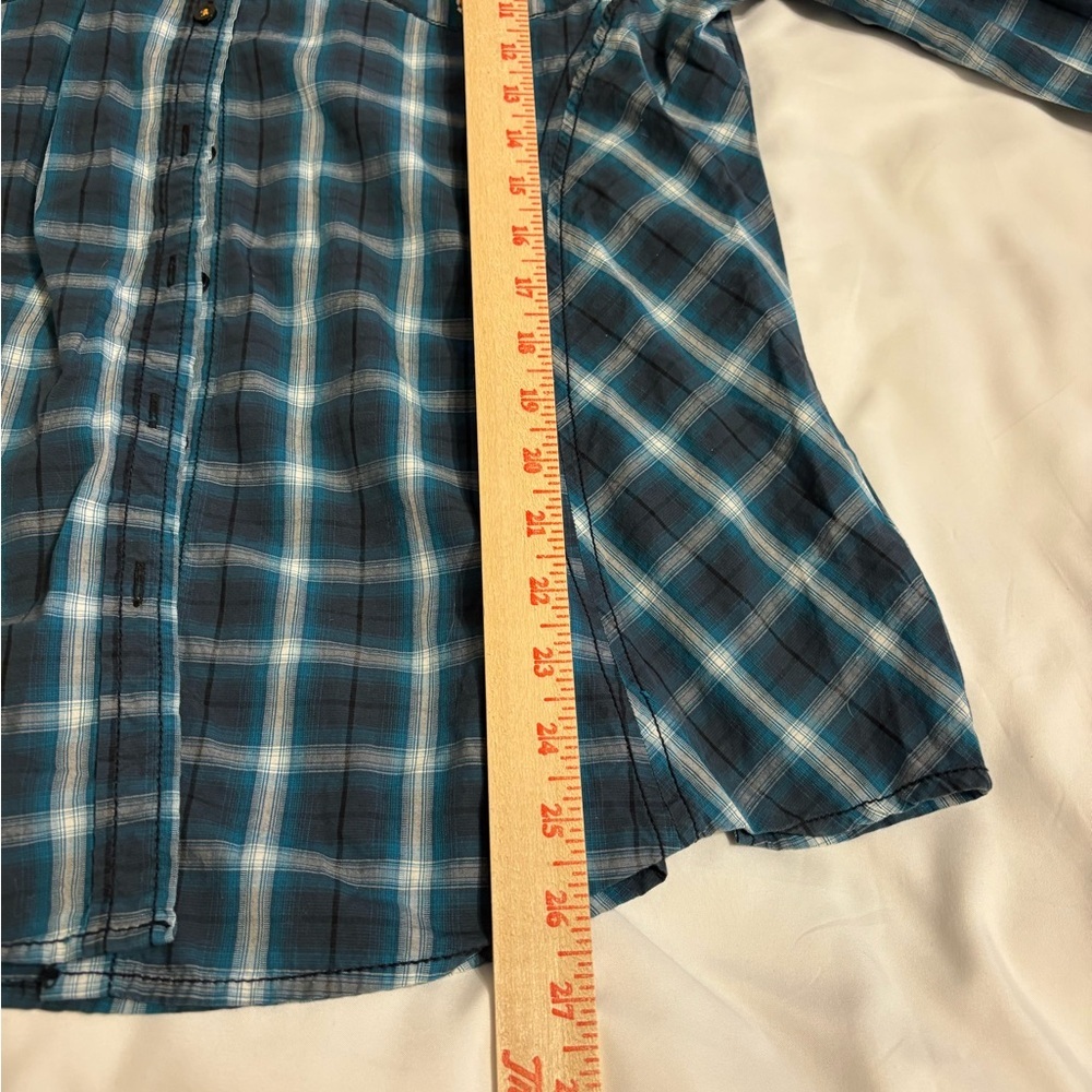 Grace in LA Embroidered Western Plaid Shirt Teal Orange Snap Button Large - Picture 5 of 9